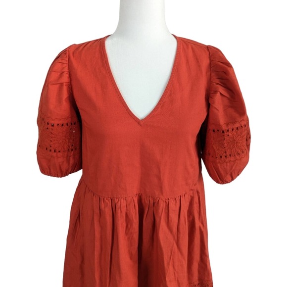 Madewell Linen-Blend Embroidered Eyelet Puff-Sleeve Orange/Red Mini Dress Small - Picture 5 of 10